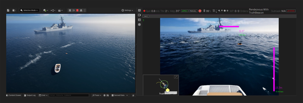 Autonomous boat approaches rescue raft in simulation with onboard camera tracking a raft and heading overlays.